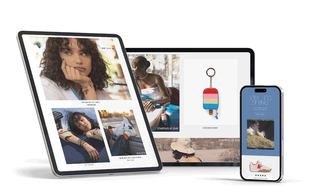 Multiple electronic devices displaying a fashion e-commerce website with images of women modeling clothing and accessories, including a keychain and shoe
