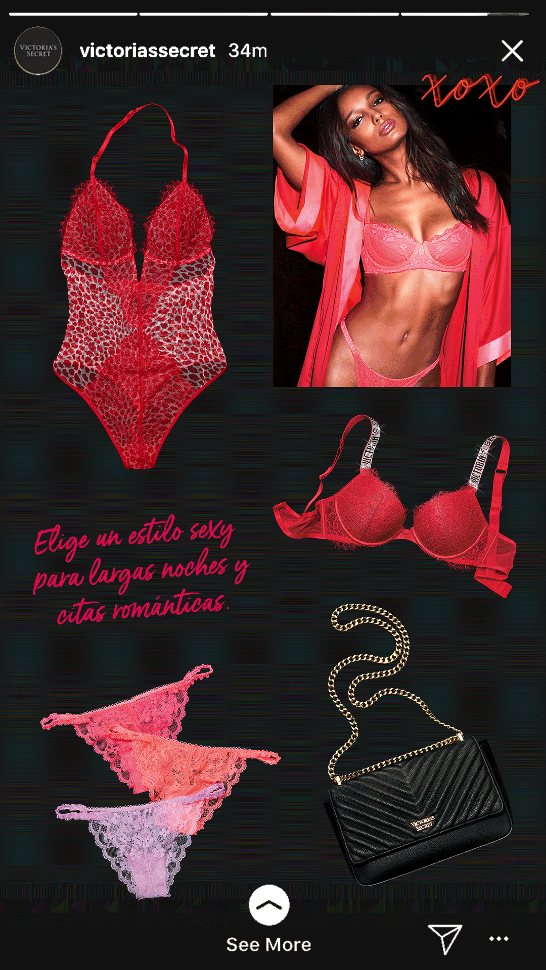 Red lingerie set, pink lace bra and matching panties, gold chain necklace, black quilted handbag, multi-colored lace panties, and a woman in pink lingerie with a pink robe.