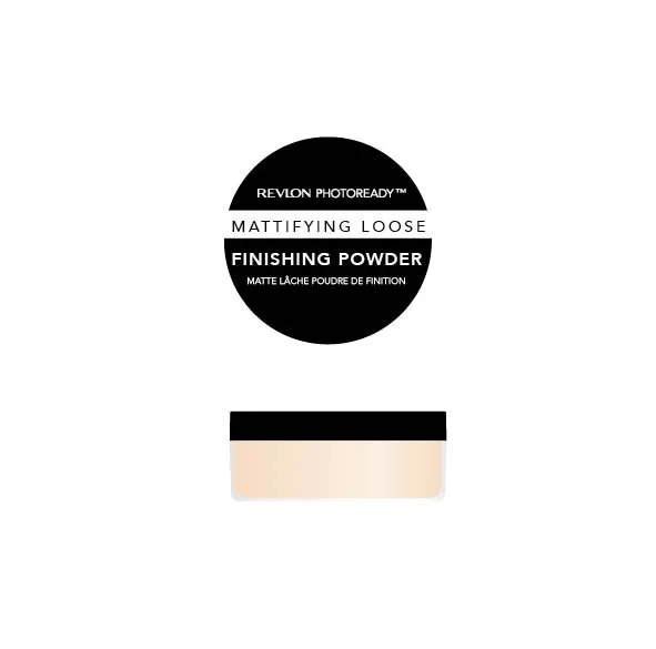 Revlon Photoready Mattifying Loose Finishing Powder container with black and white packaging and transparent window showing light-colored powder.
