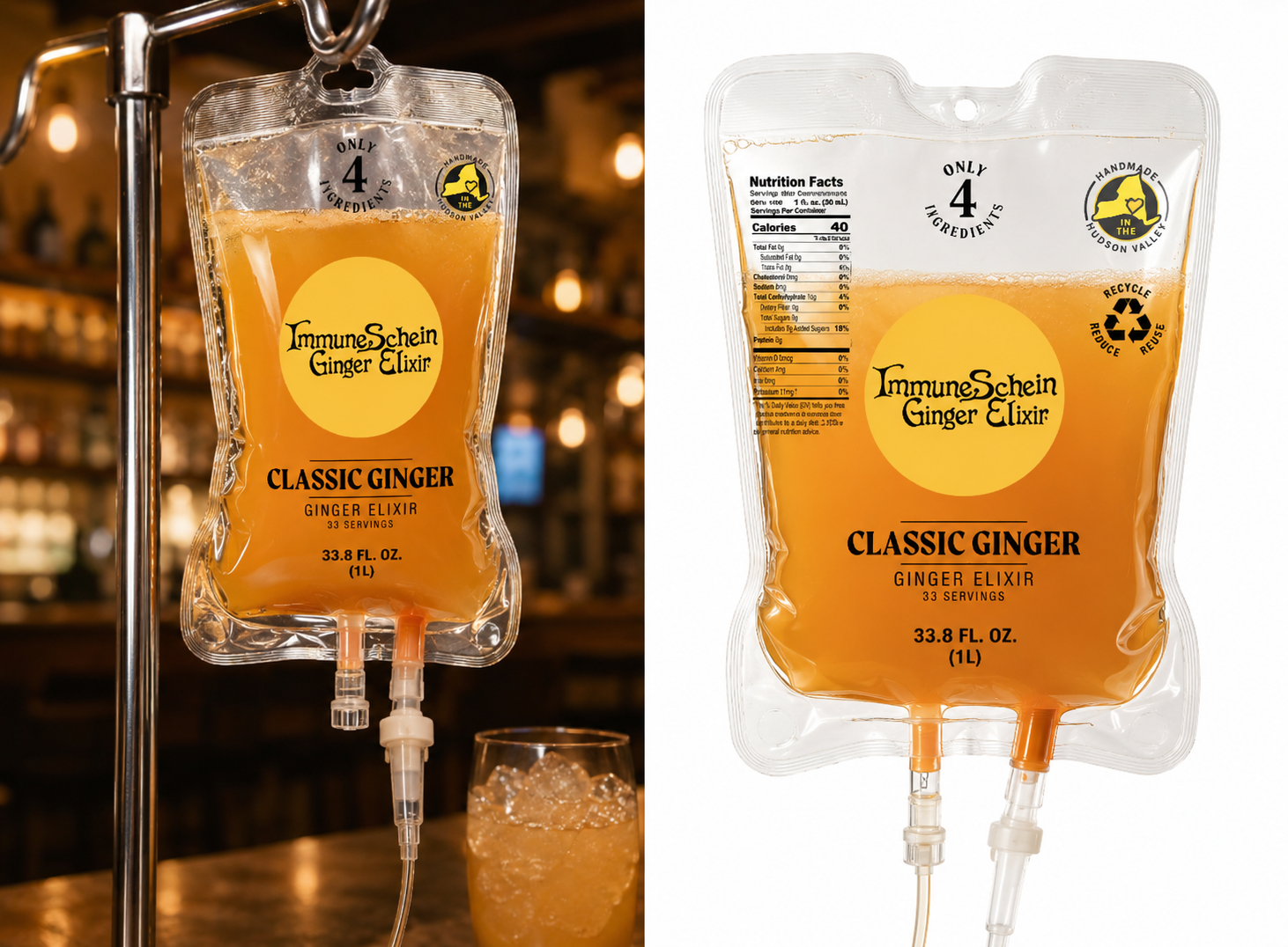 Side-by-side comparison of two packages of ImmuneSchein Ginger Elixir labeled Classic Ginger, each containing 33.8 fl. oz. of ginger elixir, with the left package hanging on a stand in a bar setting and the right package against a plain white background.