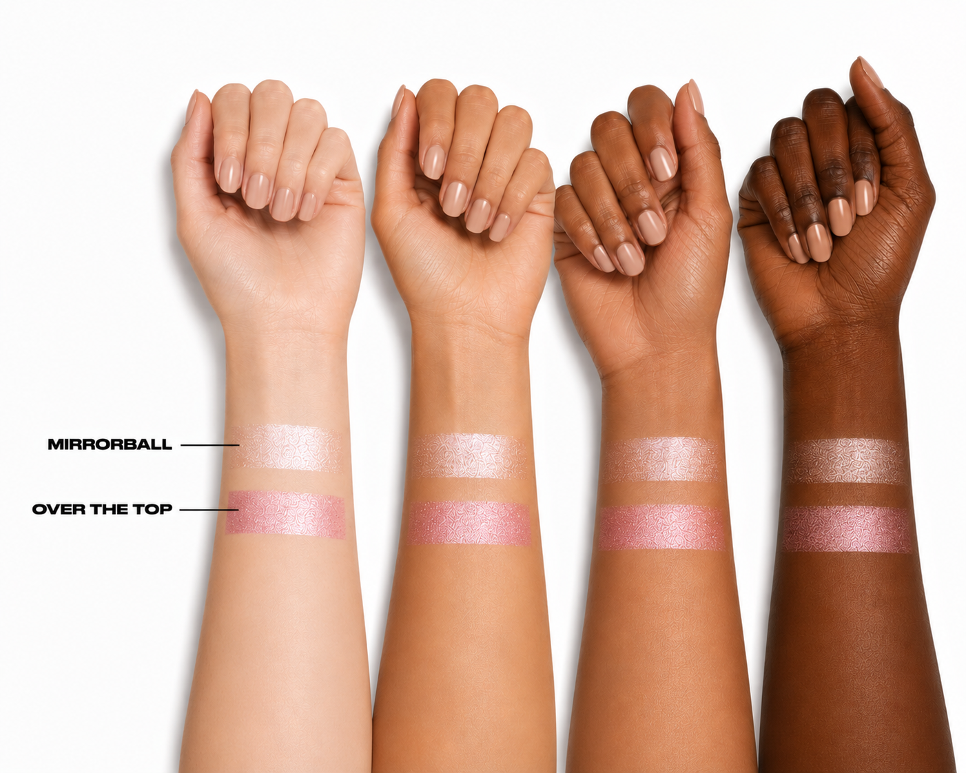 Four arms with different skin tones showcasing nail polish. Each arm has two swatches labeled 'Mirrorball' and 'Over the Top' nail polish colors.