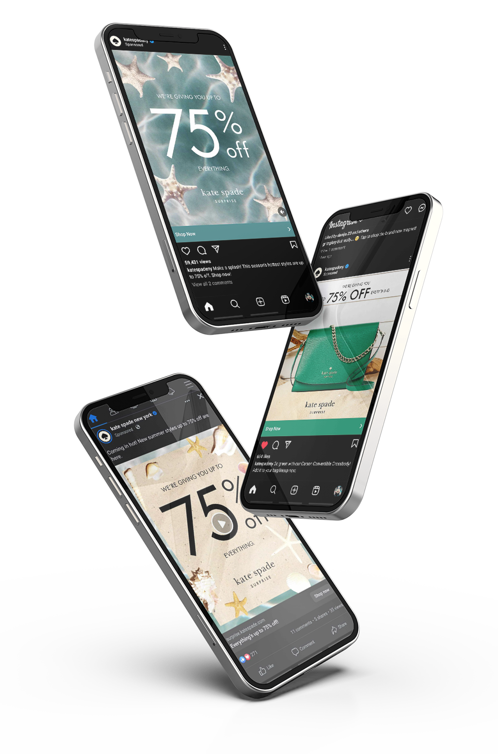Three smartphones displaying social media advertisements for a summer sale offering up to 75% off on Kate Spade products, featuring beach-themed backgrounds and promotional texts.