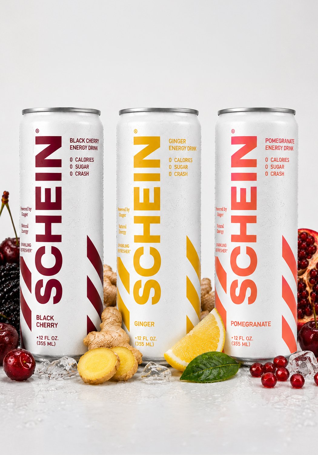 Three cans of SCHWENKE energy drinks with flavored ingredients including black cherry, ginger, and pomegranate, surrounded by fresh berries, ginger root, lemon slices, and ice cubes.