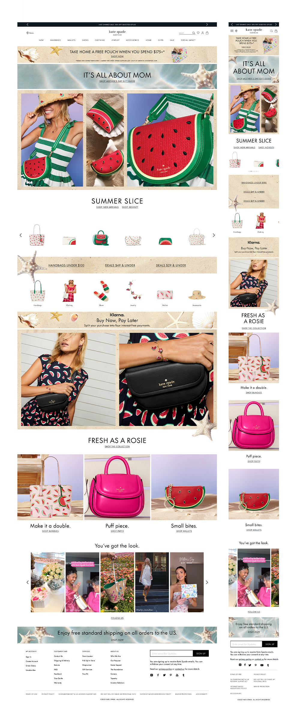 Screenshot of a Kate Spade online store featuring watermelon-themed handbags and accessories, with models wearing summer outfits, and promotional banners for Mother's Day gifts and free shipping.