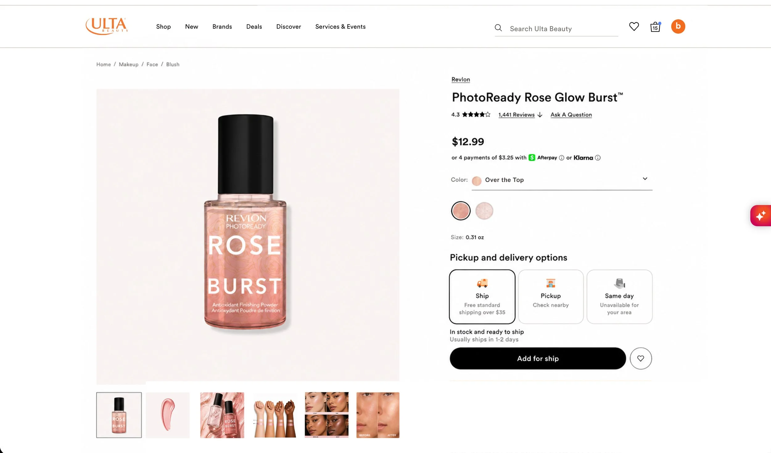 Product page for Revlon PhotoReady Rose Glow Burst finishing powder on Ulta Beauty website. The image shows the powder in a pink bottle with a black cap, and the product name is prominently displayed on the bottle and on the website.