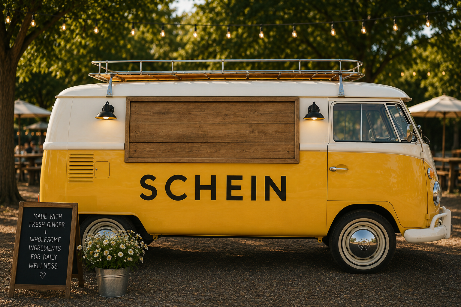 Yellow vintage van with wooden panel on side, large black letters spelling 'SCHEIN', outdoor setting with string lights, trees, and tables, blackboard sign with white text, bucket of daisy flowers.