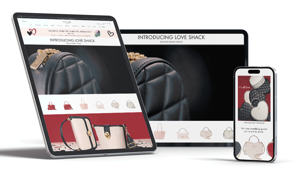 Screenshot of an online store showcasing handbags and accessories on tablets and a smartphone.