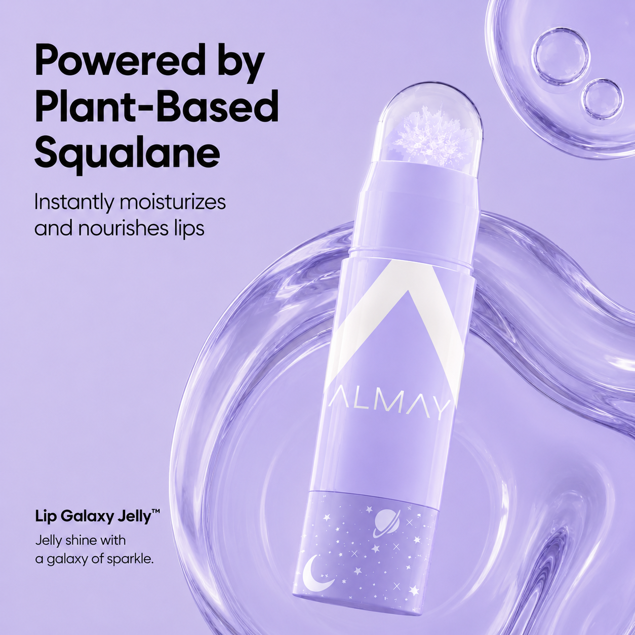 Advertising image for a lip balm called Lip Galaxy Jelly by ALMAY. The packaging features a galaxy and moon design, with a light purple background and swirling decorative elements. The text highlights the product's plant-based ingredients and moisturizing benefits.