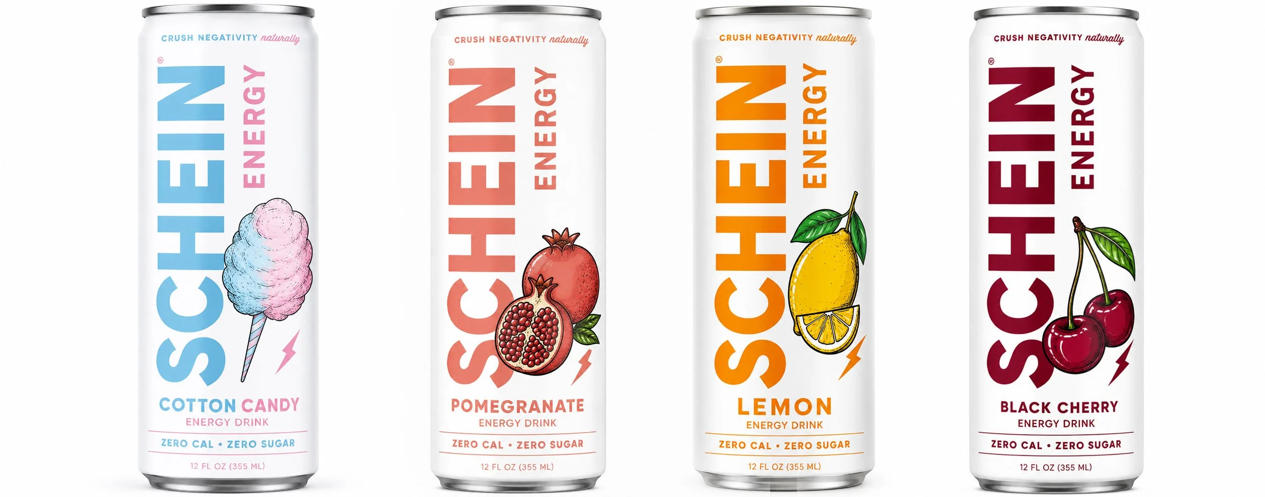 Four cans of SOSHEIN energy drinks with different flavors: Cotton Candy, Pomegranate, Lemon, and Black Cherry, each featuring colorful fruit or sweet illustrations.