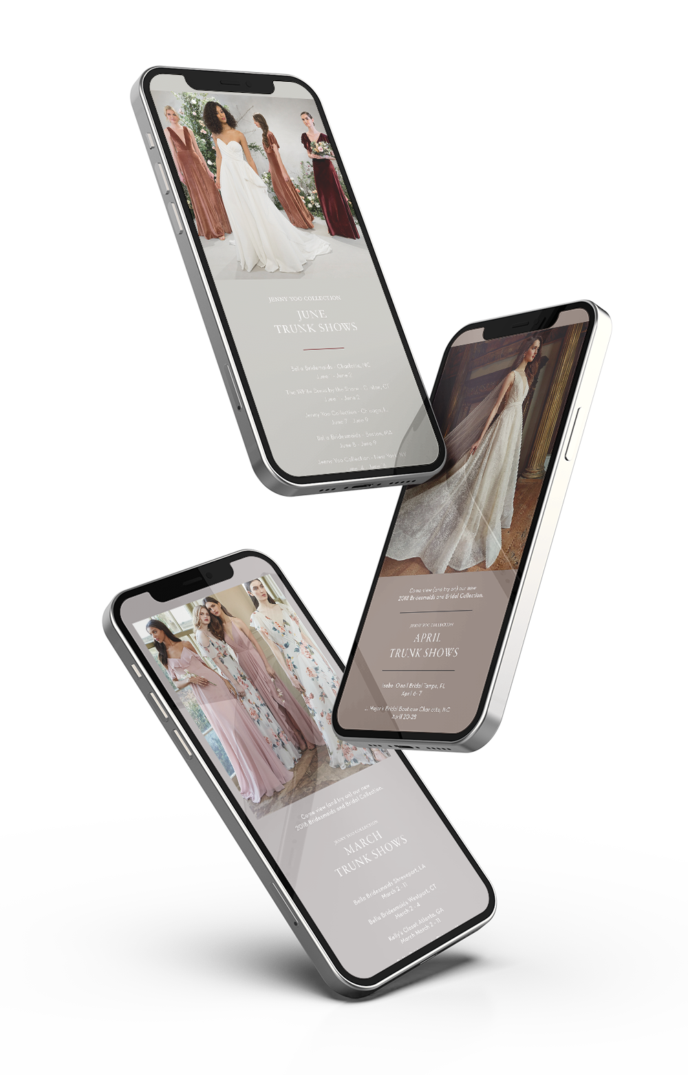 Three smartphones displaying images and information about bridal trunk shows and wedding dresses.