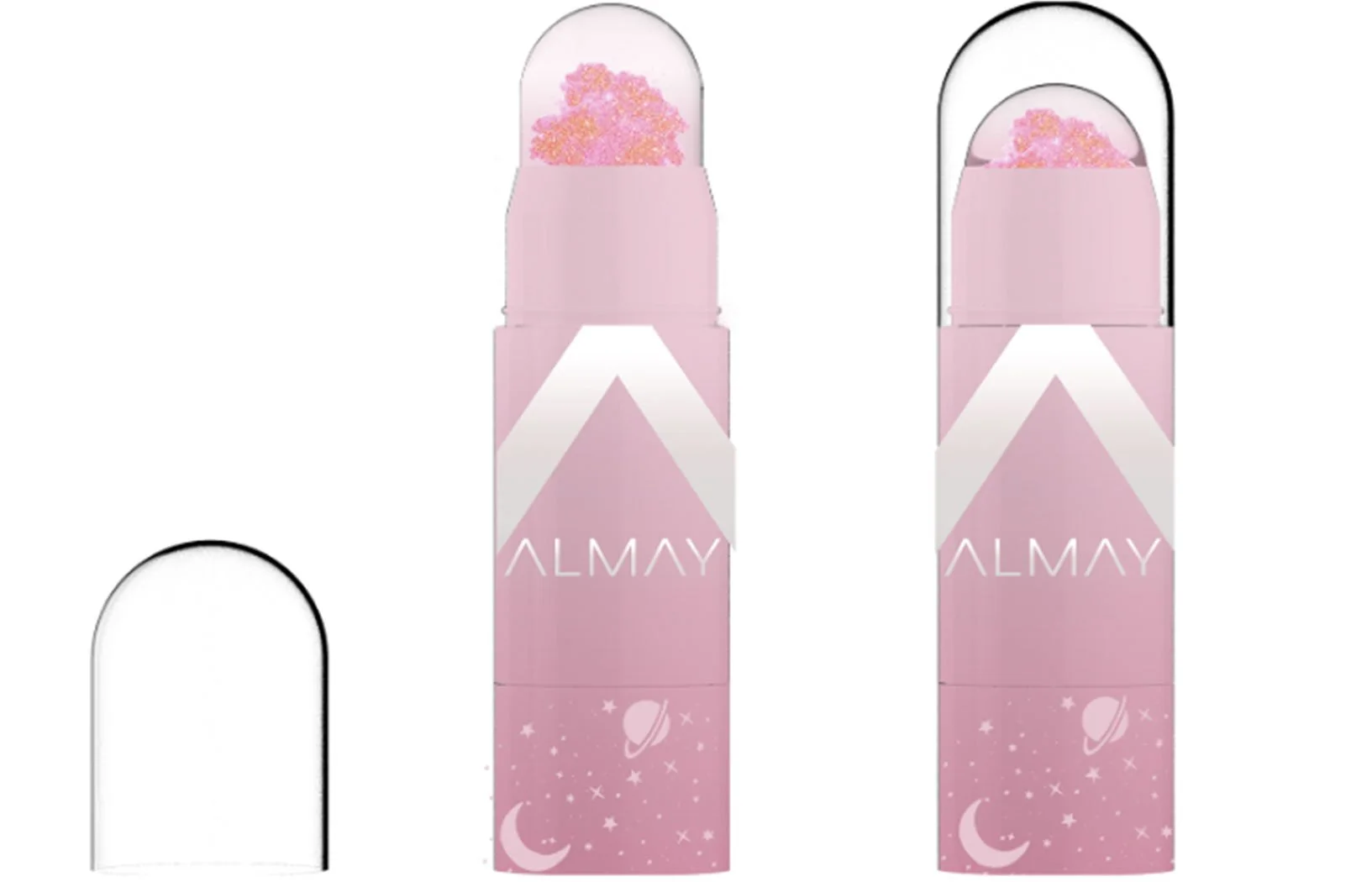 Two pink tubes with a space-themed design, labeled 'ALMAY', containing pink and yellow beads, and black and white removable caps next to each tube.