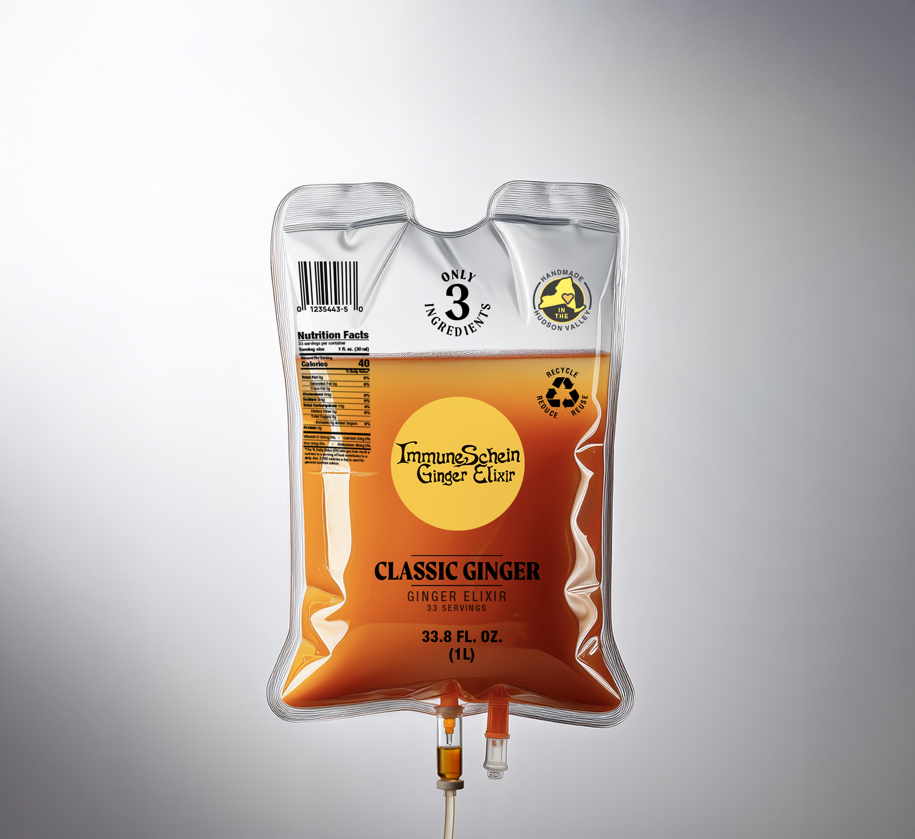 A clear, flexible plastic pouch of ImmuneSchein Ginger Elixir with a yellow-orange liquid inside. The pouch has a label that states it contains three ingredients, is handmade in Hudson Valley, and features a recycling symbol. The product is labeled as classic ginger with 33 servings, 33.8 fluid ounces (one liter).