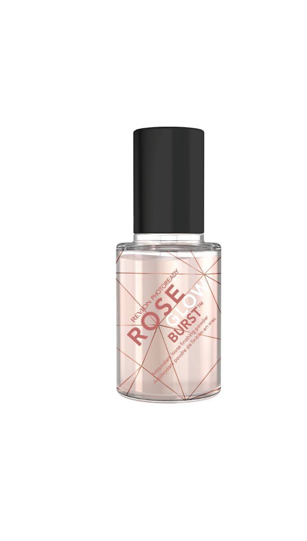 A small bottle of Rose GLOW Burst anti-dandruff and anti-itch finishing powder with a black cap and clear container.
