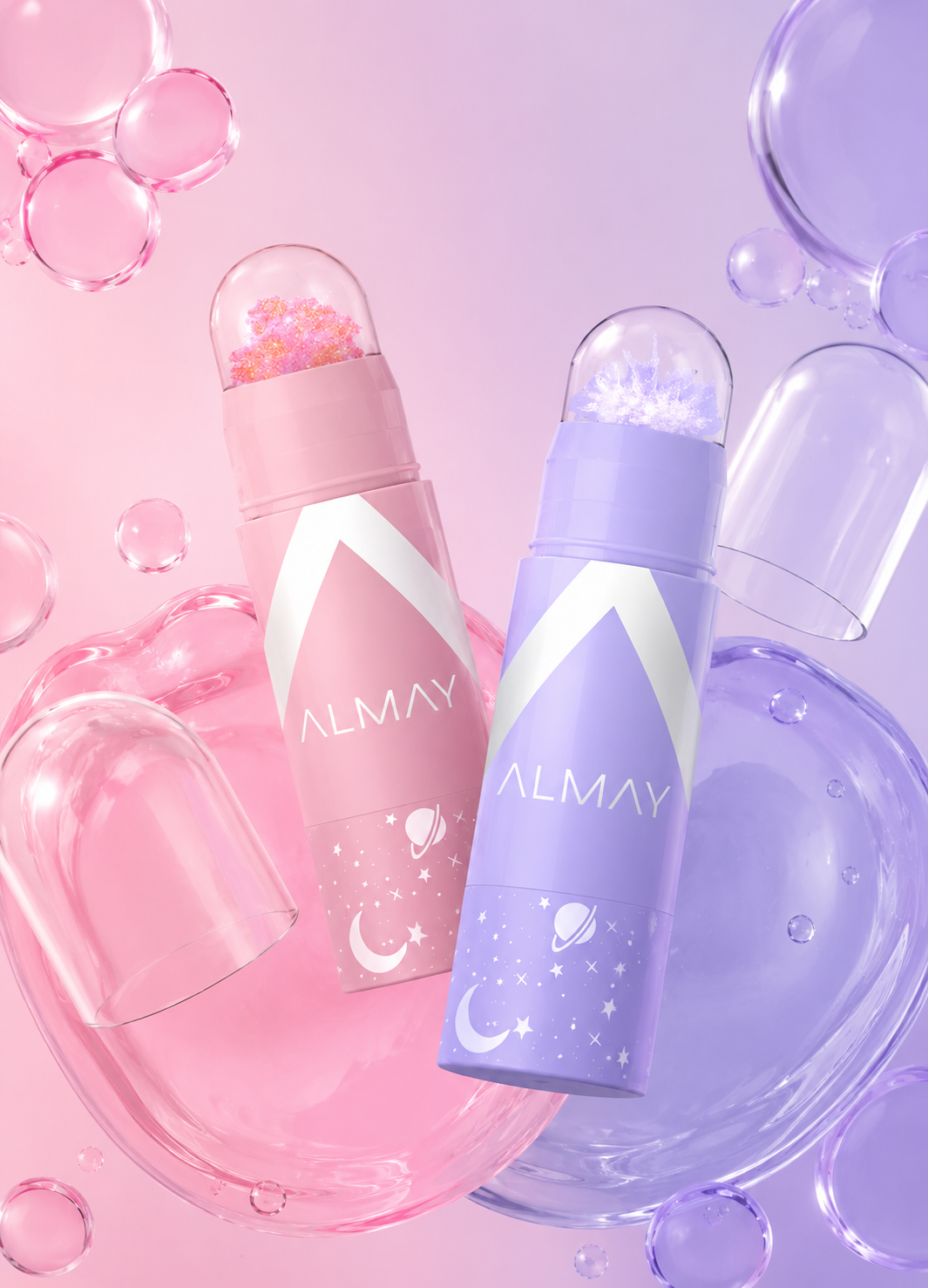 Two colorful spray bottles with pastel pink and purple designs, labeled ALMAY, surrounded by soap bubbles and splashes in pink and purple, against a gradient background.