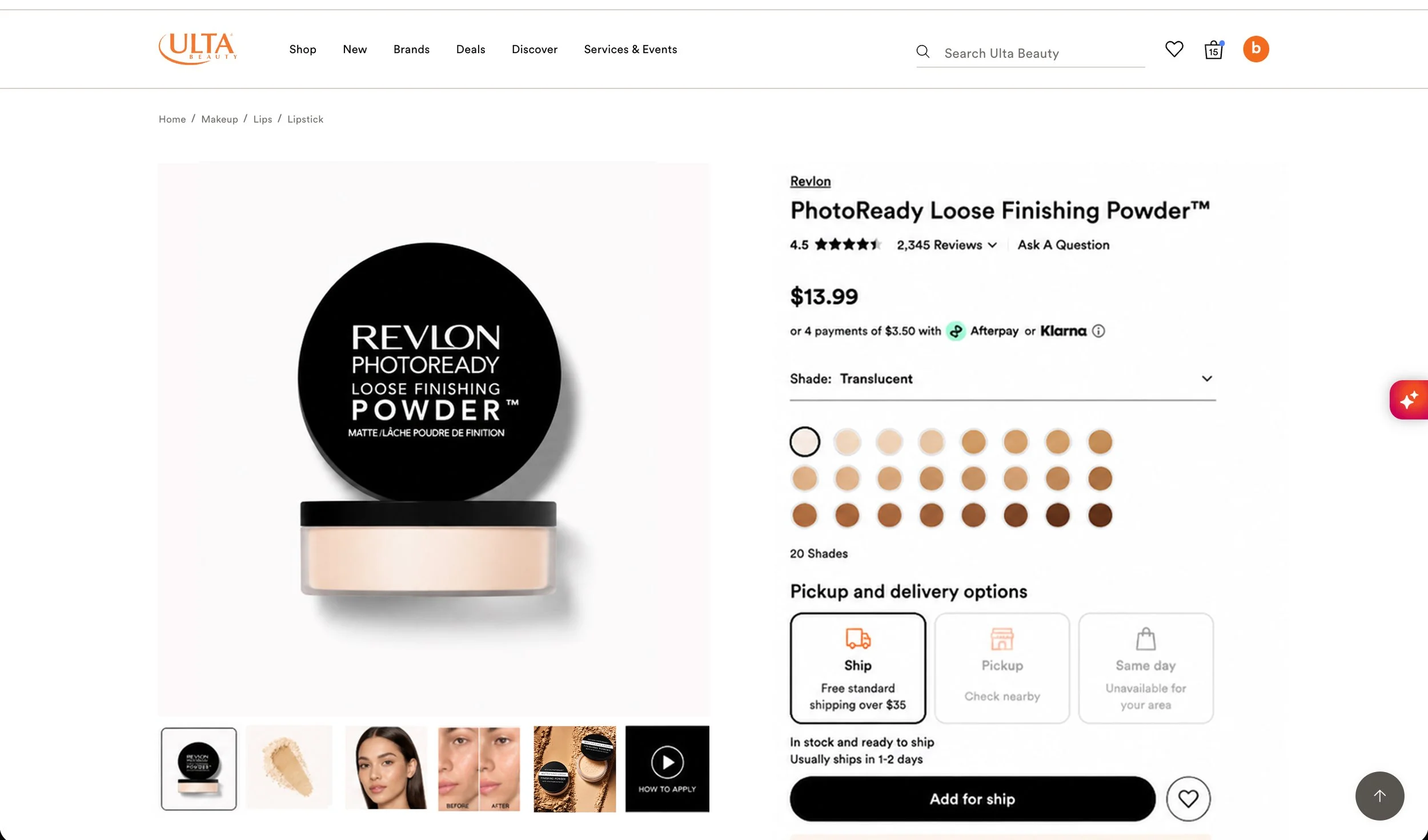 Online product page for Revlon PhotoReady Loose Finishing Powder in translucent shade on Ulta Beauty website, showing the powder container, shade options, and purchase details.