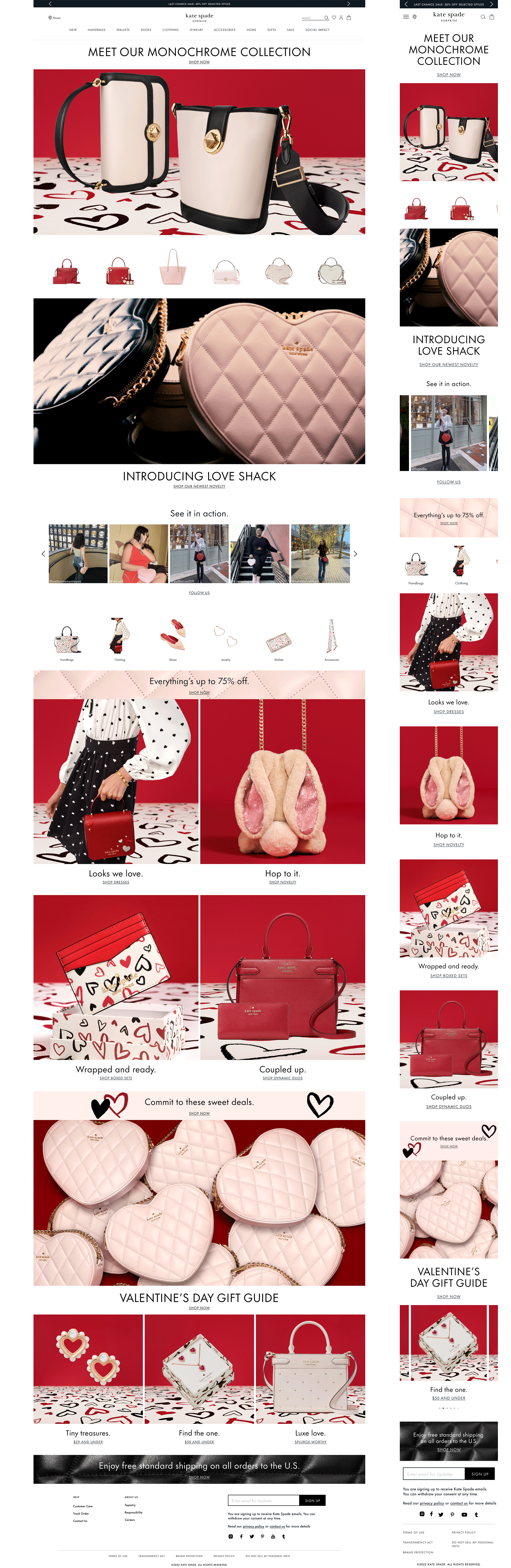 Website homepage for Kate Spade's Monochrome Collection featuring handbags, purses, and accessories in pink, red, and black, with promotional sections for Valentine's Day gifts and discounts.