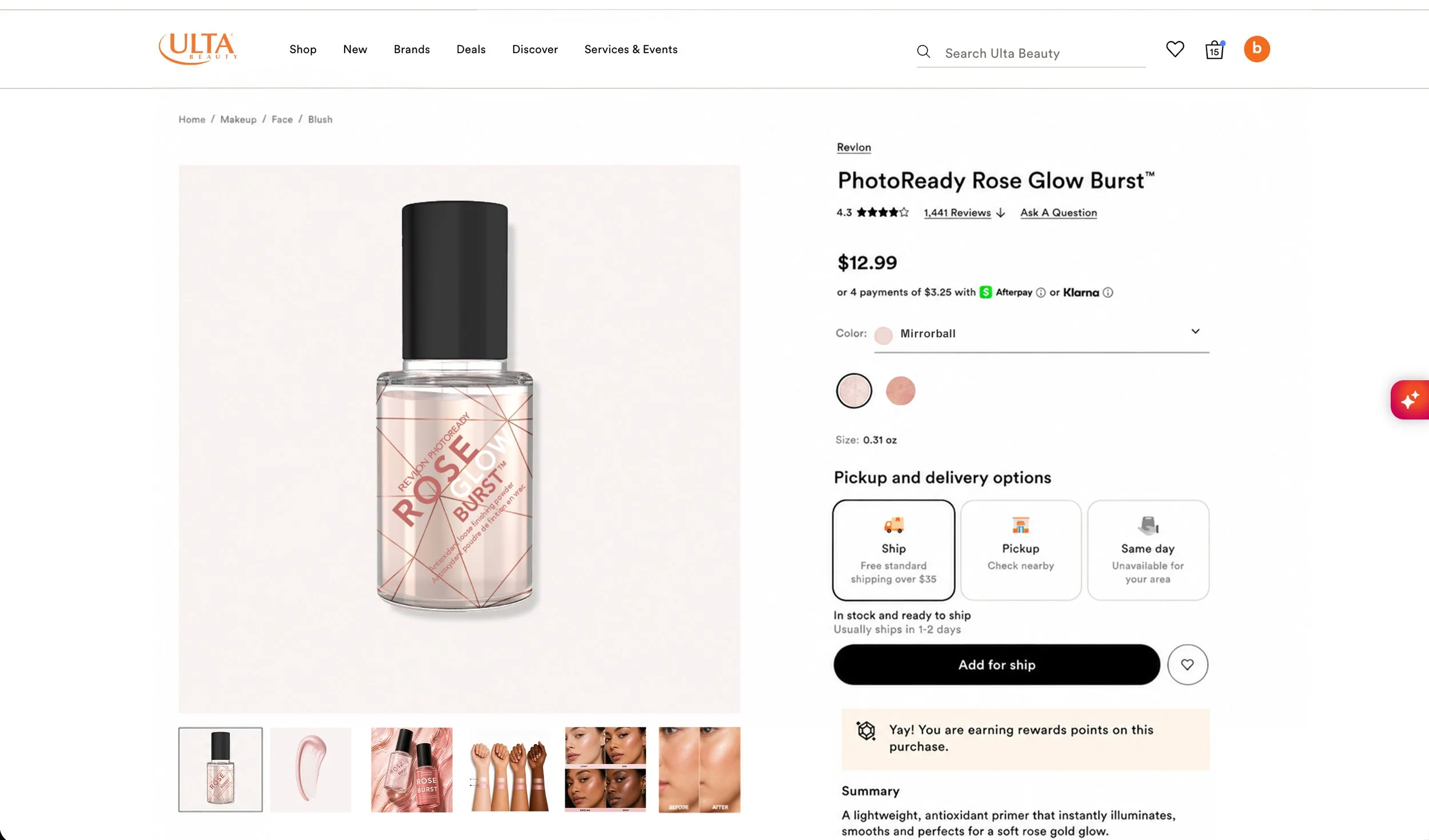 Ulta Beauty product page for Revlon PhotoReady Rose Glow Burst, a light pink liquid primer in a small transparent bottle with a black cap, showing the product label and some marketing images.