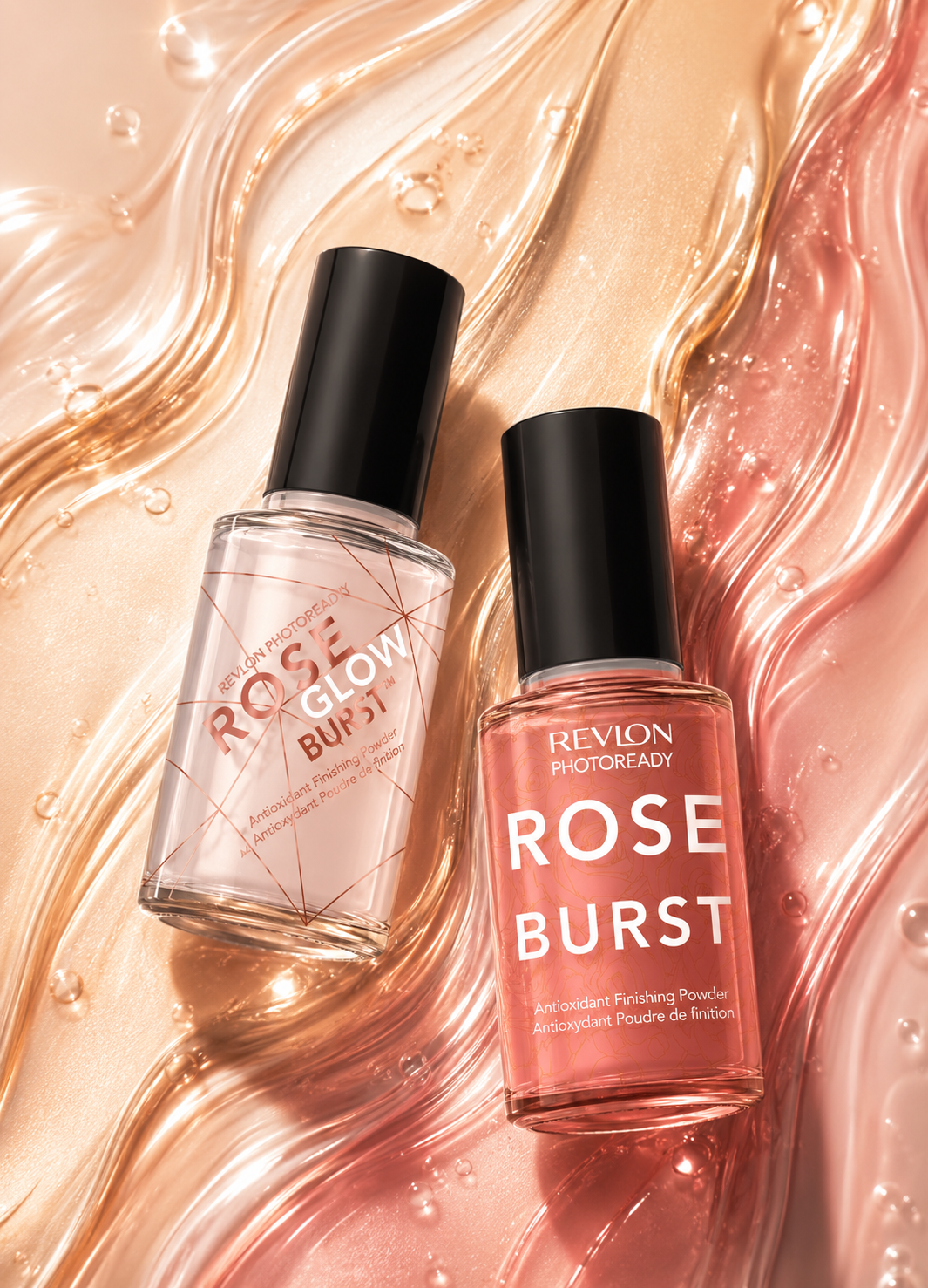 Two bottles of Revlon PhotoReady Rose Burst Antioxidant Finishing Powder on a gold and pink glossy background with swirling textures and droplets.