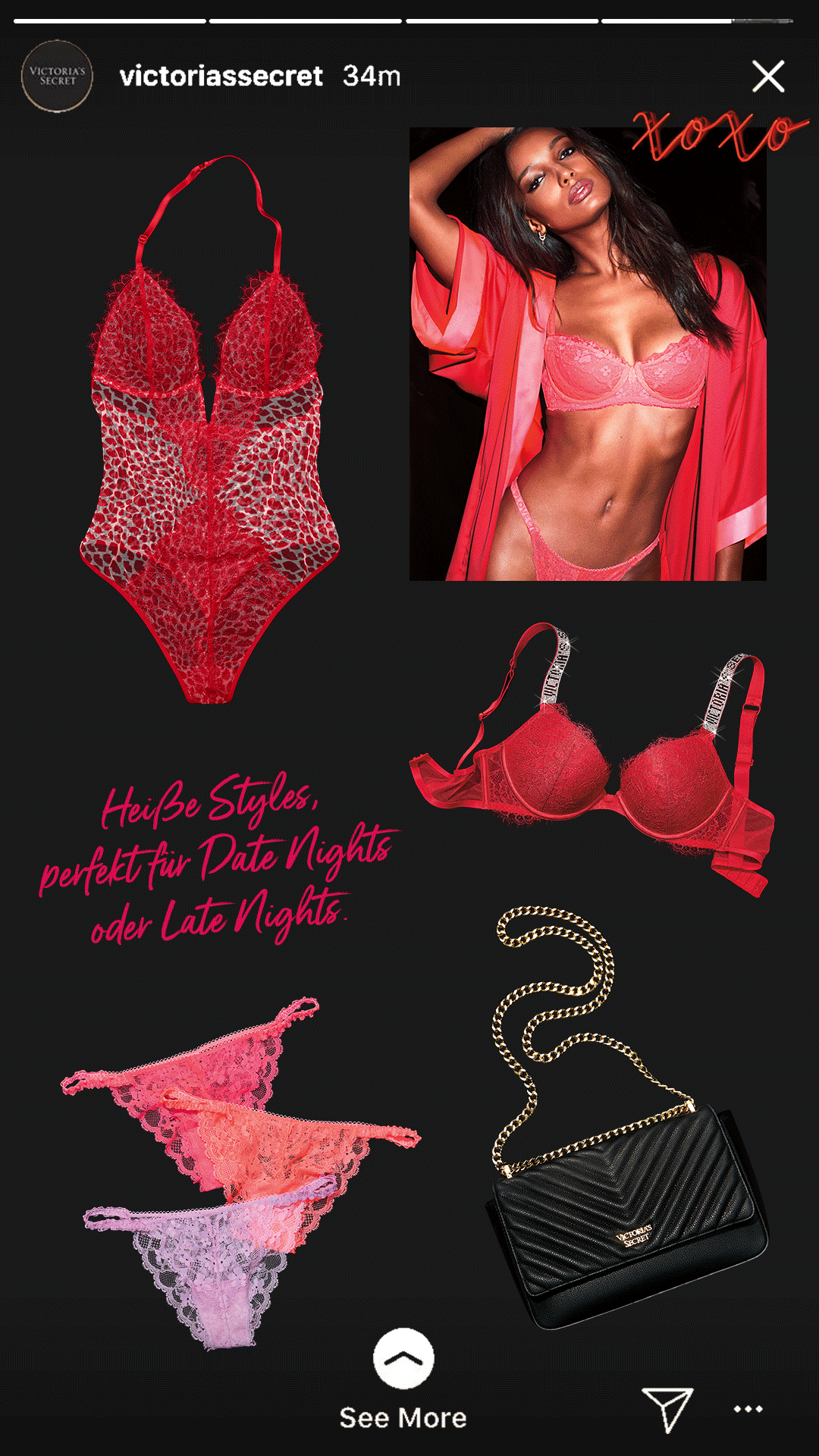 Victoria's Secret lingerie collection including a red lace bodysuit, a pink lace bra and panty set, a pink lace thong, and a black handbag with a gold chain. There is also a photograph of a woman in pink lingerie and a satin robe. Text in German and English promotes stylish lingerie for date or late nights.
