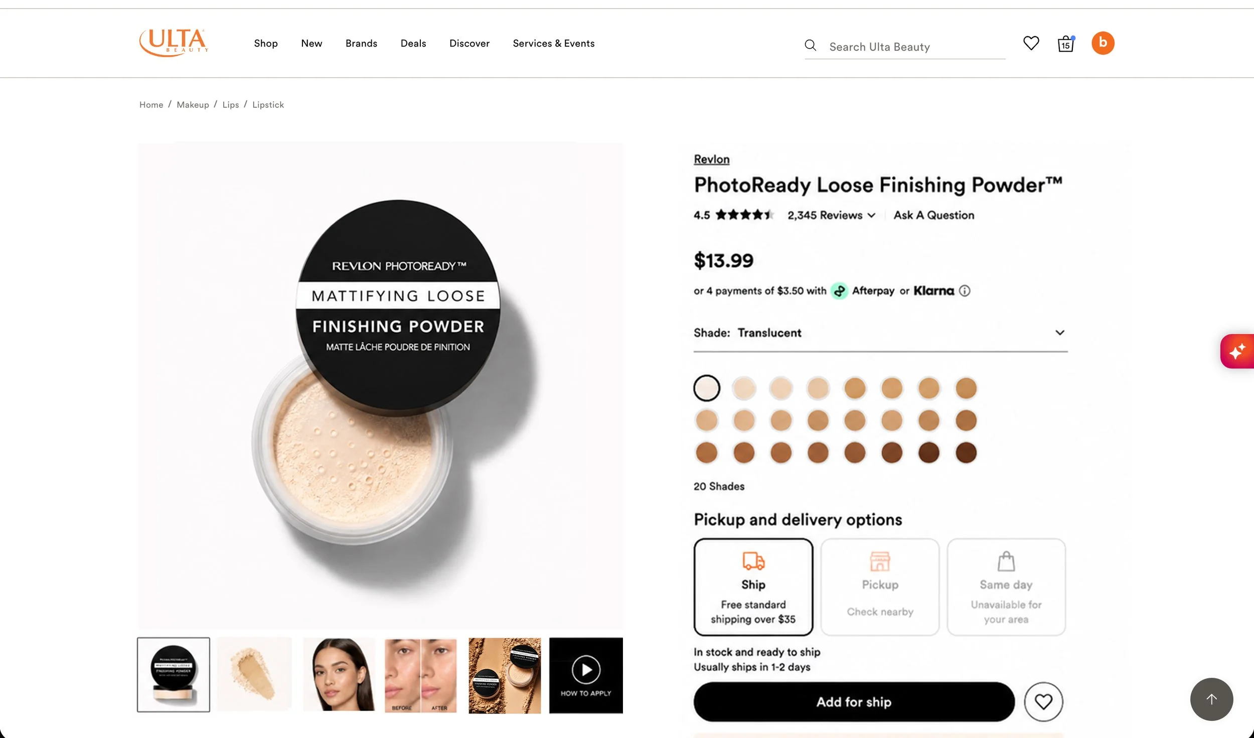 Screenshot of Ulta Beauty website displaying a Revlon PhotoReady Loose Finishing Powder, shade translucent, priced at $13.99, with color options and free shipping offer.