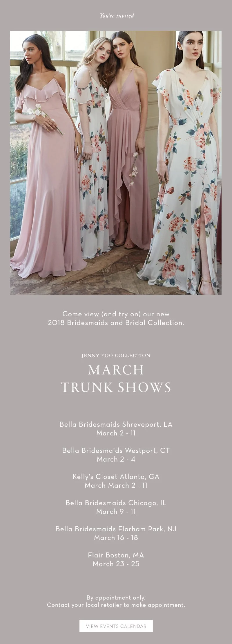 Four women wearing floral and pastel-colored bridesmaid dresses posing indoors near large windows, with text promoting Jenny Yoo Collection's March trunk shows at various locations.