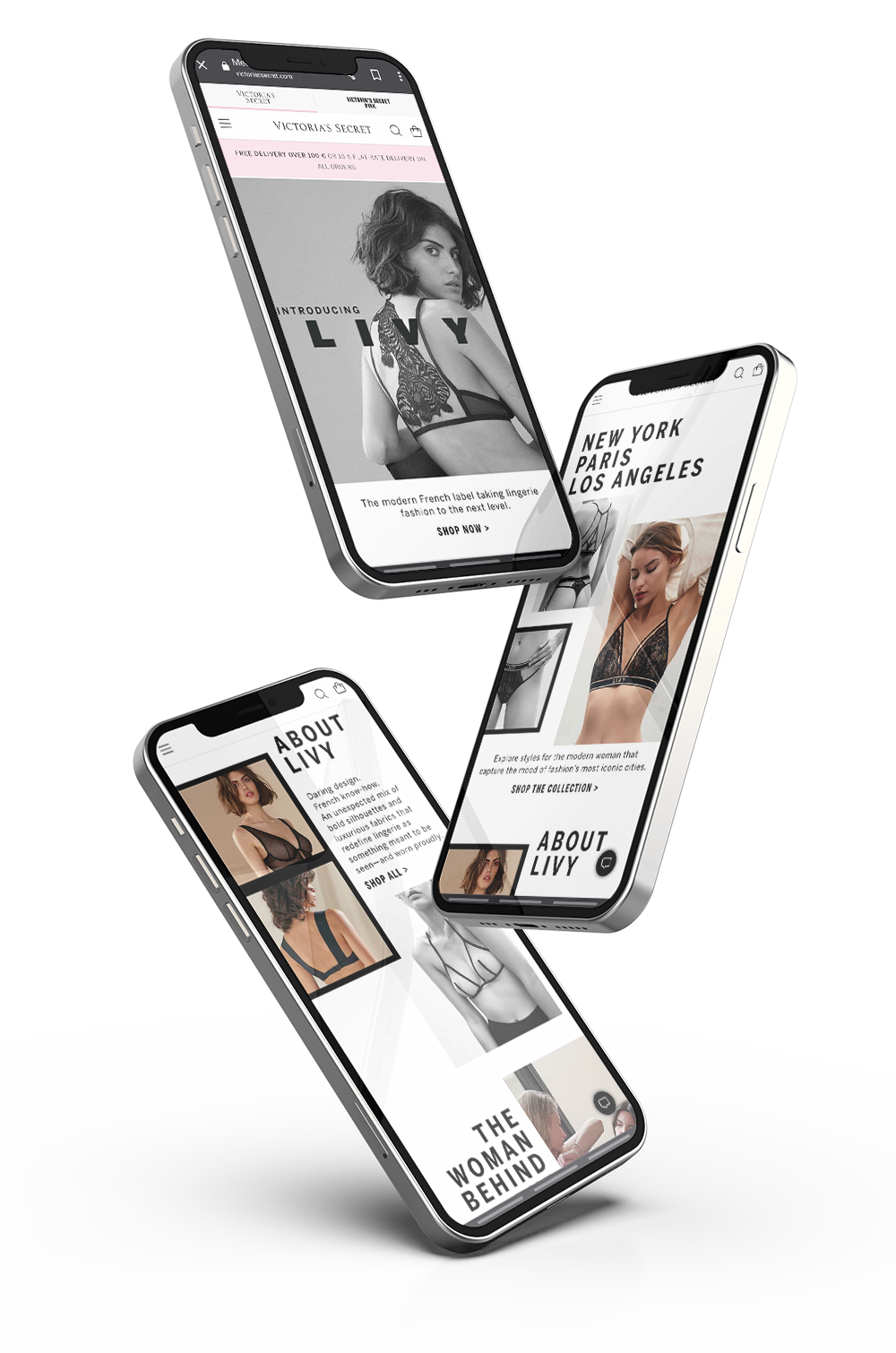 Three smartphones displaying fashion and lingerie e-commerce websites, floating in a digital space.