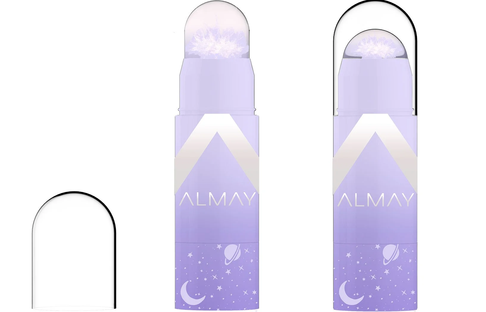 A purple and white vape device with a space-themed design, including stars, a planet, a moon, and the brand name ALMAY displayed on it.