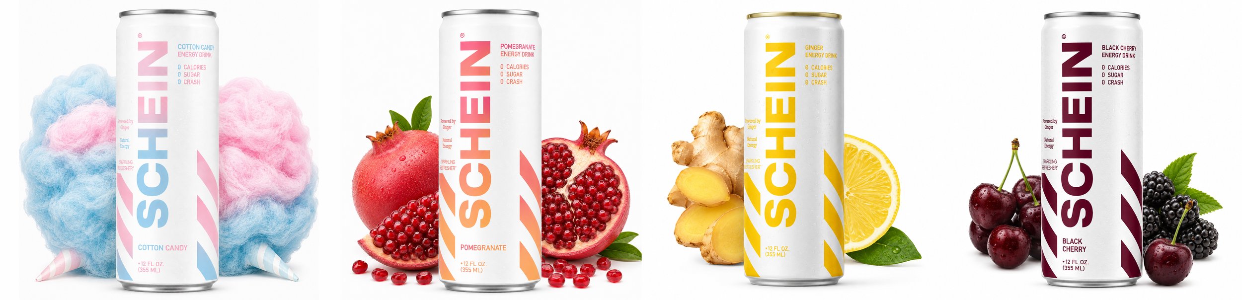 Four cans of chac, each with a different flavor, with corresponding fruits behind them: cotton candy, pomegranate, ginger, and black cherry, with colorful cotton candy, pomegranate, ginger root, lemon slices, cherries, and blackberries beside each can.