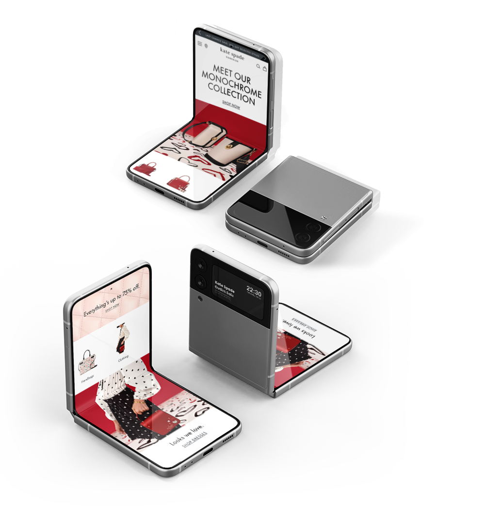 Display phones showcasing the Kate Spade Monochrome Collection, with one phone in a foldable flip-style position showing the collection's website, and another showing a promotional image with a model holding a handbag.