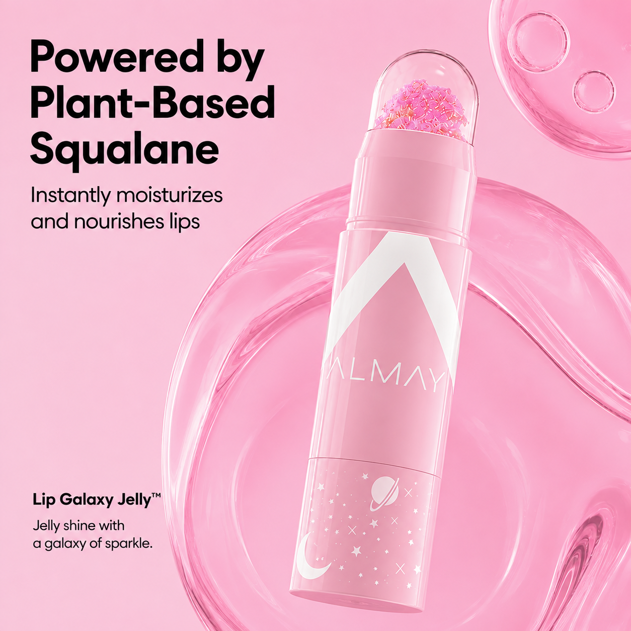 Pink lip balm tube with a galaxy design, featuring stars, a moon, and a planet with rings, set against a pink background with swirling glass effects. Text promotes plant-based squalane, hydrating lips.