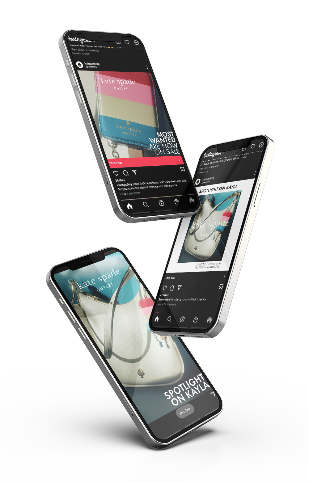 Four smartphones display Kate Spade outlet advertisements on Instagram and other social media platforms, featuring handbags and accessories on a black and white background.