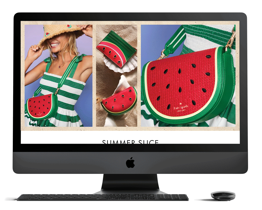 A computer screen displays a fashion website featuring watermelons: a woman wearing a striped green and white dress with a watermelon-shaped purse, and a close-up of the purse and accessories resembling watermelons.