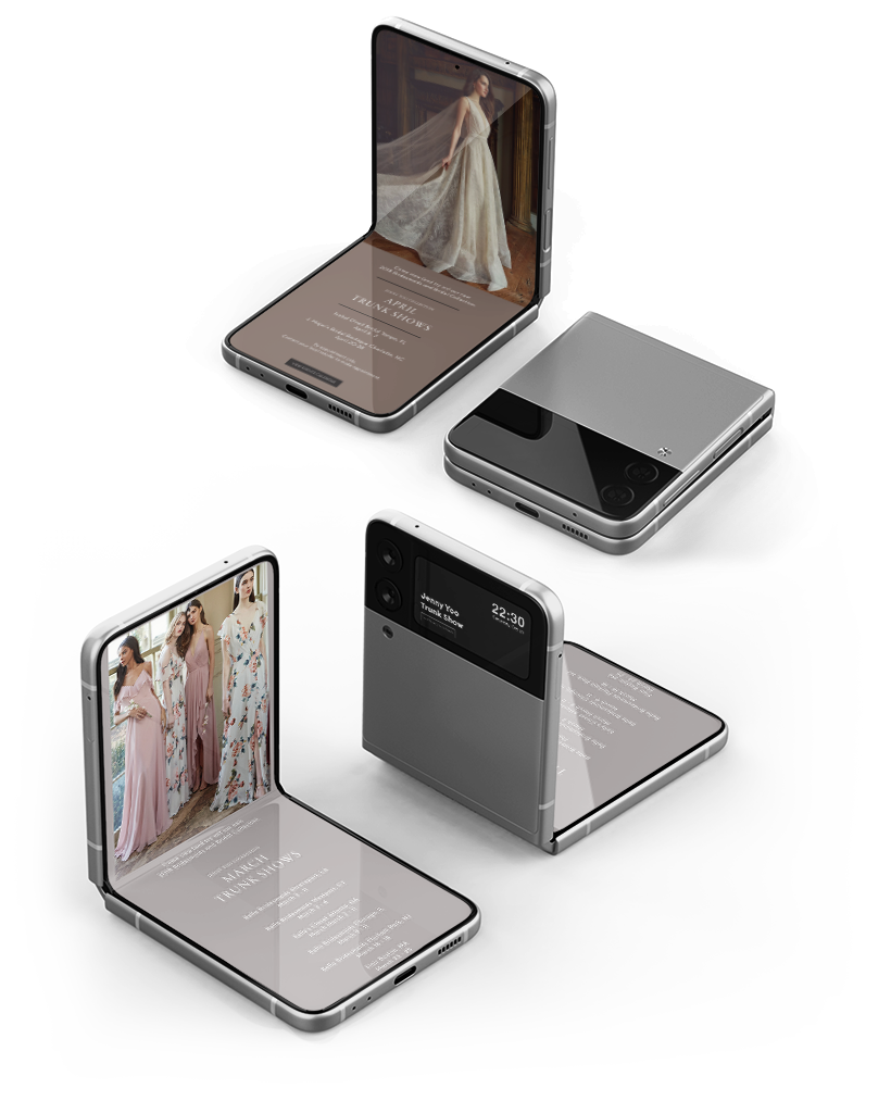 Display screens showcasing fashion and event information, with sleek foldable smartphones on a white surface.