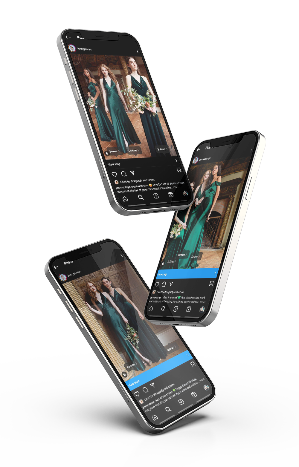 Three smartphones displaying social media posts with images of models in formal gowns, showcasing different green and teal dresses in an elegant setting.