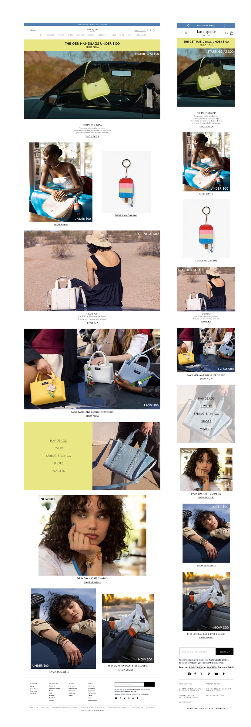 Screenshot of a Kate Spade online store featuring handbags, jewelry, shoes, and accessories with models and product images.