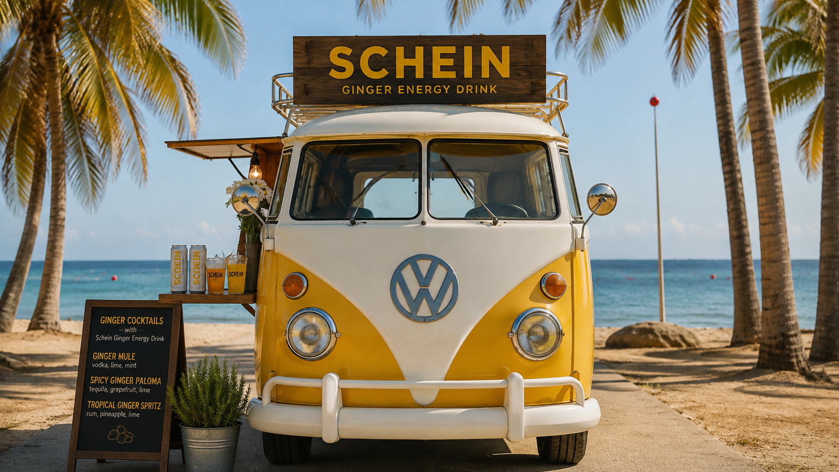 A yellow and white vintage Volkswagen van parked on a sandy beach with palm trees, serving as a mobile stand for Schein Ginger Energy Drink. The van has a black sign on top with yellow text reading 'SCHEIN GINGER ENERGY DRINK.' To the left, a chalkboard menu lists ginger cocktails including Ginger Mule, Spicy Ginger Paloma, and Tropical Ginger Spritz. The backdrop shows the ocean and a clear sky.