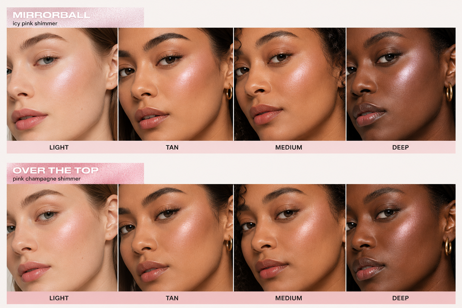 Comparison of makeup shades showing different levels of shimmer on four women with different skin tones. Top row labeled "Mirrorball" with shades from light to deep; bottom row labeled "Over the Top" with shades from light to deep.