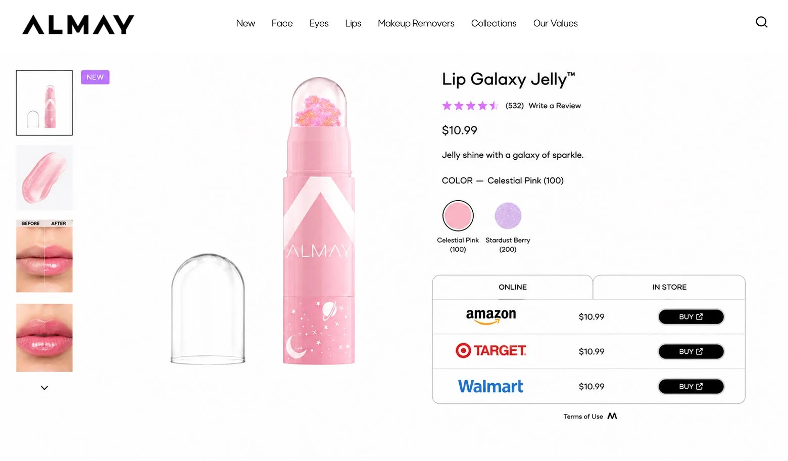 Product page for ALMAY Lip Galaxy Jelly in Celestial Pink color, priced at $10.99. Features a pink bottle with galaxy and moon design, and star-shaped glitter inside. Includes product description, color options, and online and in-store purchase options through Amazon, Target, and Walmart.