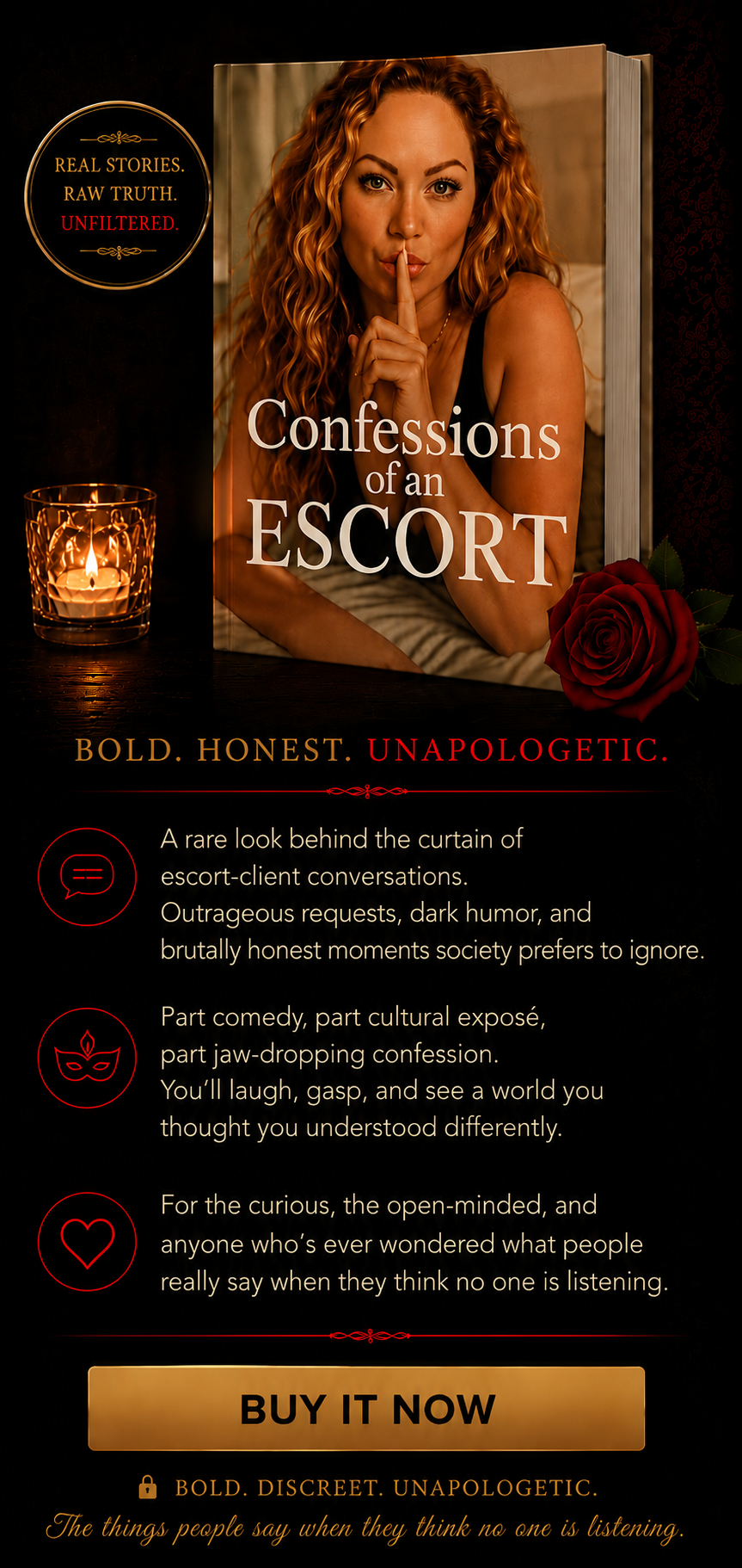 Book titled 'Confessions of an Escort' with a woman on the cover making a shushing gesture. Surrounding text highlights honesty and unfiltered stories, with a candle, rose, and details about the book's content and themes.