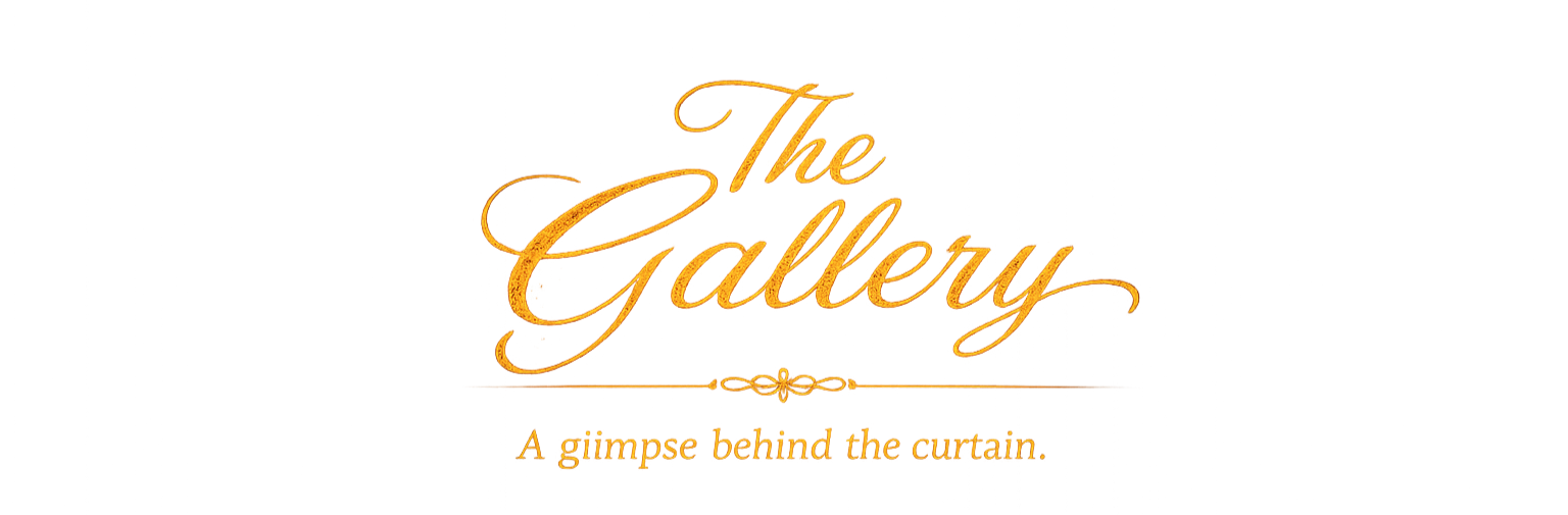 Logo with elegant orange script reading 'The Gallery' above a line, with the tagline 'A glimpse behind the curtain' beneath it.