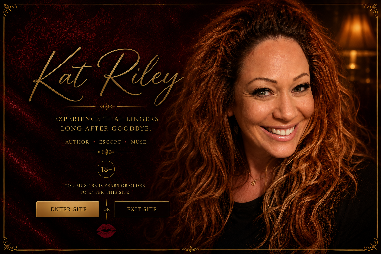 Website homepage for author Kat Riley featuring a portrait of her with curly red hair and a warm smile, set against a dark, ornate background with gold accents and a lipstick icon.