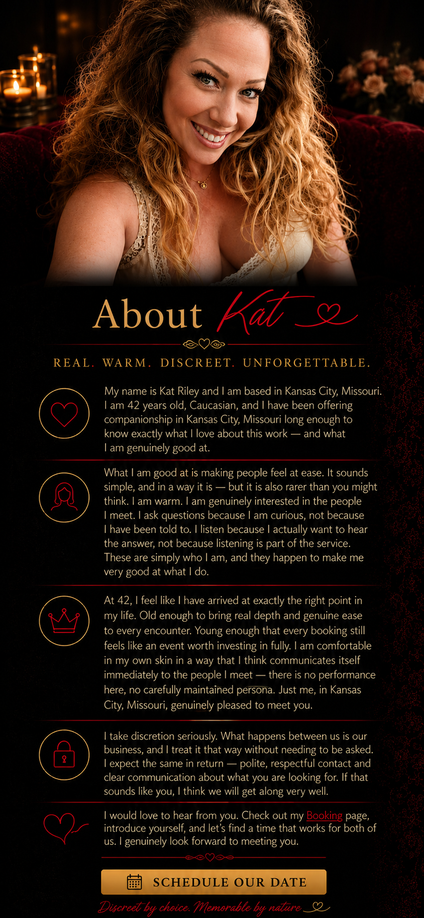 A woman with curly red hair smiling, sitting on a dark red couch, with candles and flowers in the background, in a promotional profile for Kat Riley offering companionship services.