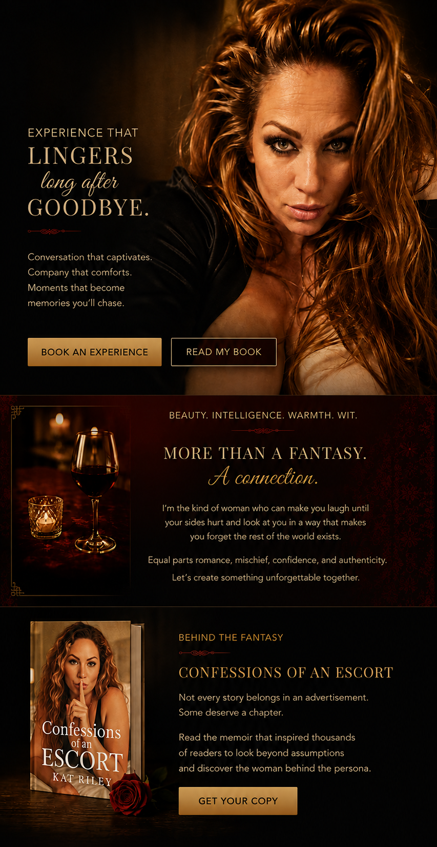 A promotional webpage featuring a woman with red hair in a black outfit, promoting experiences, a book, and a memoir titled 'Confessions of an Escort' by Kat Riley with sections on romance and connection, including images of a glass of red wine and a book cover, and buttons for booking experiences, reading the book, and purchasing the memoir.