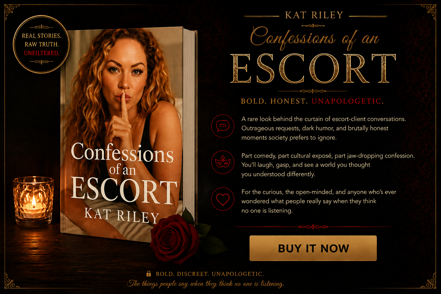 A promotional graphic for a book titled "Confessions of an Escort" by Kat Riley. The image features a woman with curly red hair making a shushing gesture, a lit candle, a red rose, and a dark background with gold and red text describing the book's themes and a "Buy It Now" button.