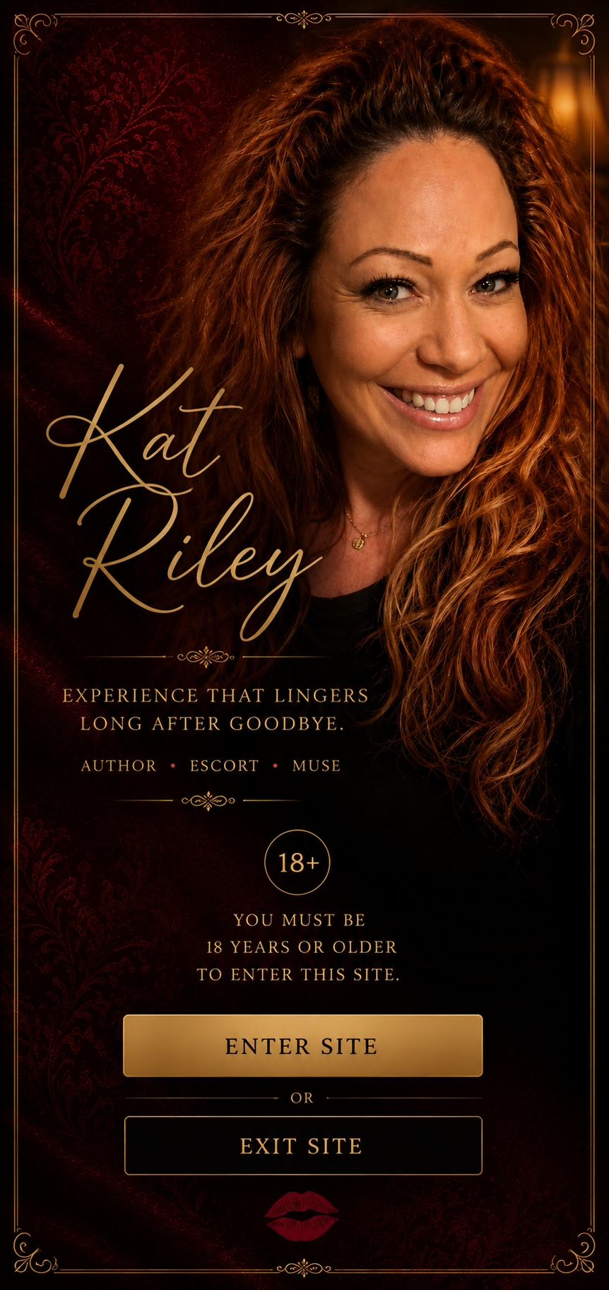 Promo for an adult website featuring a smiling woman with curly red hair. The text reads "Kat Riley" and "Experience that lingers long after goodbye." It indicates that she is an author, escort, and muse, and includes age restriction information of 18+ with options to enter or exit the site.