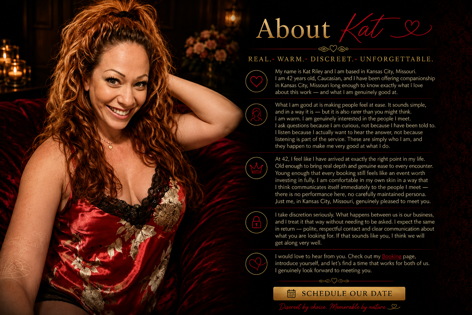 A woman with long curly red hair smiling, wearing a red and black floral dress,, relaxing on a dark background with candles and flowers. To the right, there's an about section with icons and text describing her personality and approach, with a gold schedule button at the bottom.