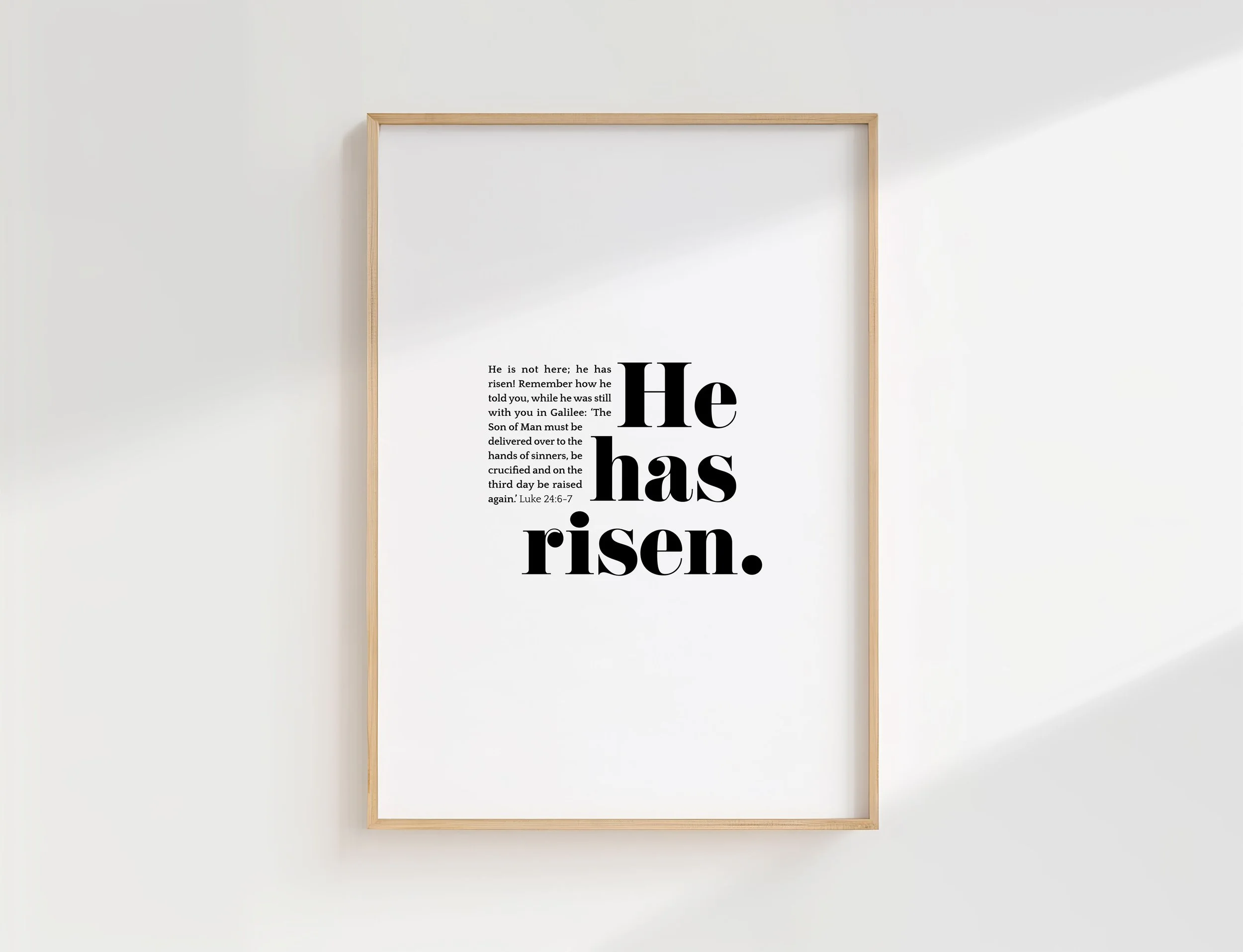 Luke 24:6-7 Scripture Print | He Has Risen NIV Wall Art