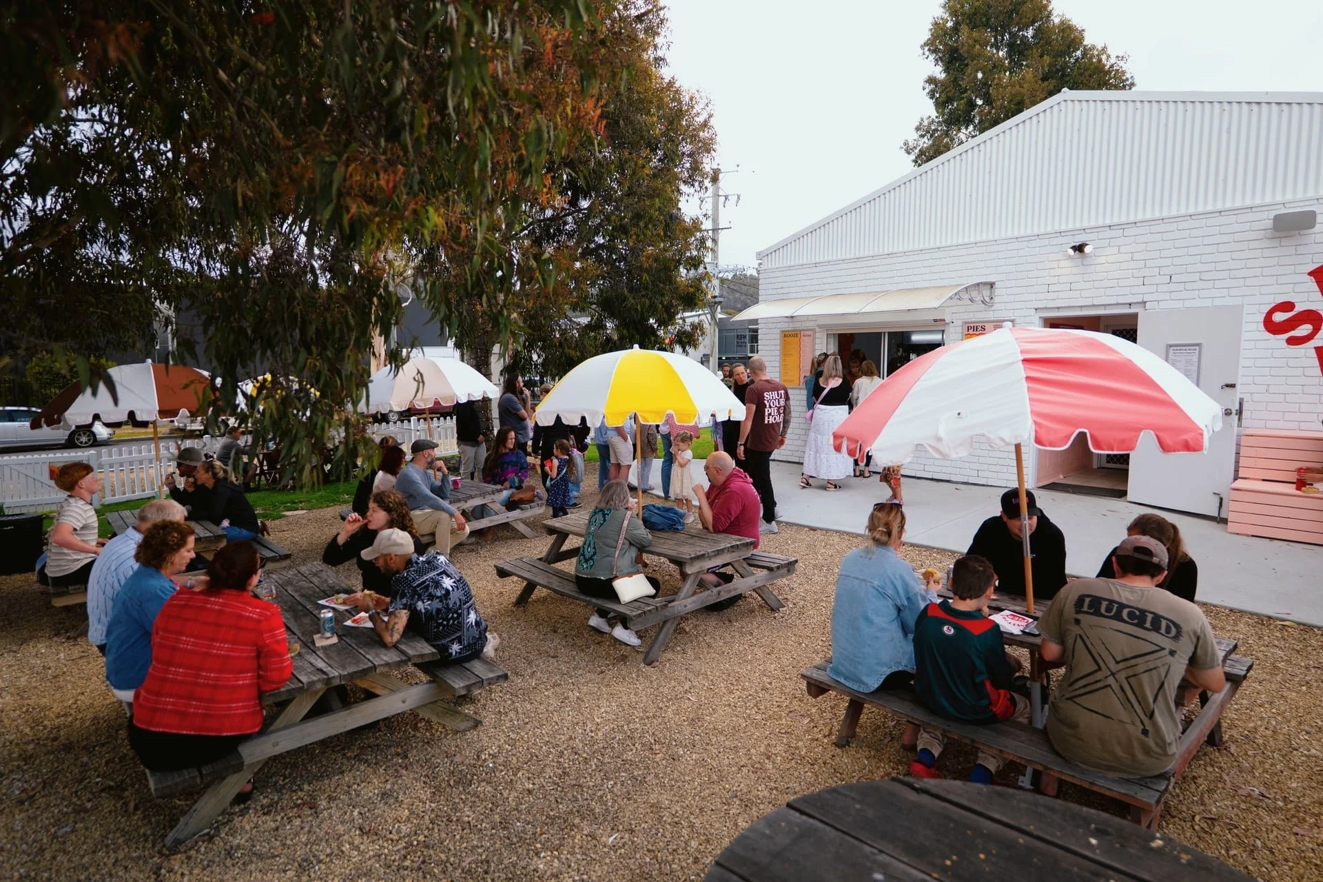 Outdoor dining area at Smith's Pie Yard in Cambridge Tasmania