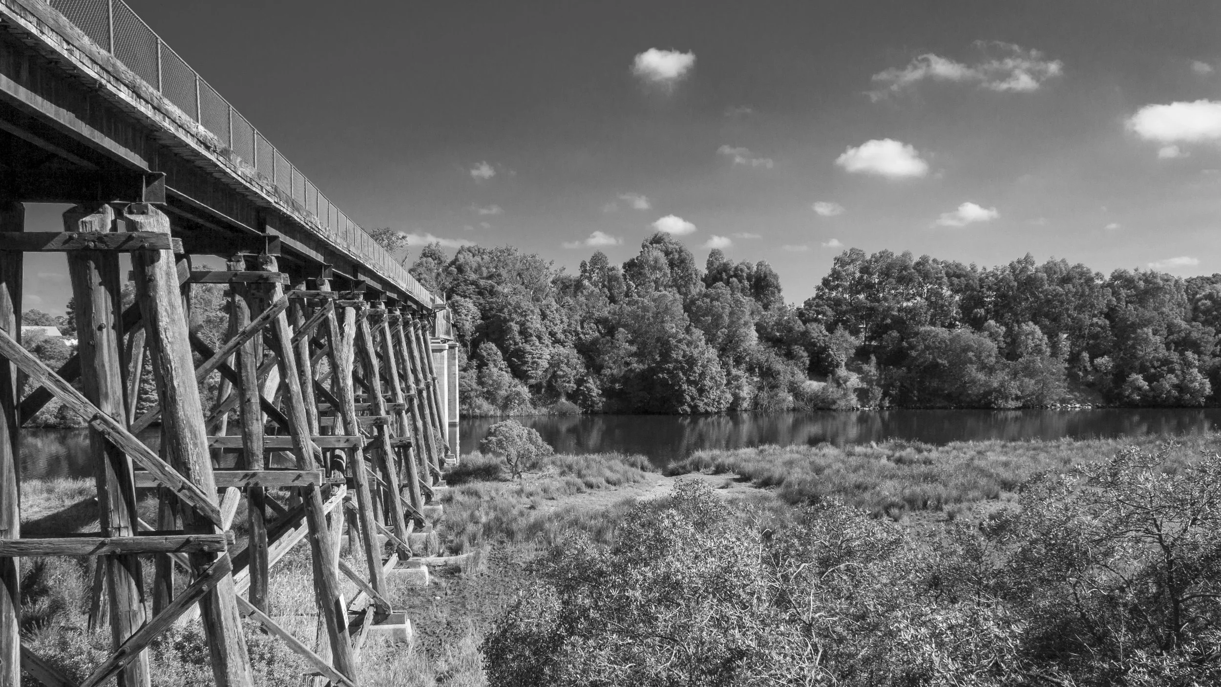 The historic Nicholson River Rail Bridge, part of the East Gippsland Rail Trail, crossing the Nicholson River in East Gippsland, Victoria, surrounded by native vegetation and reflected in the calm water below.
