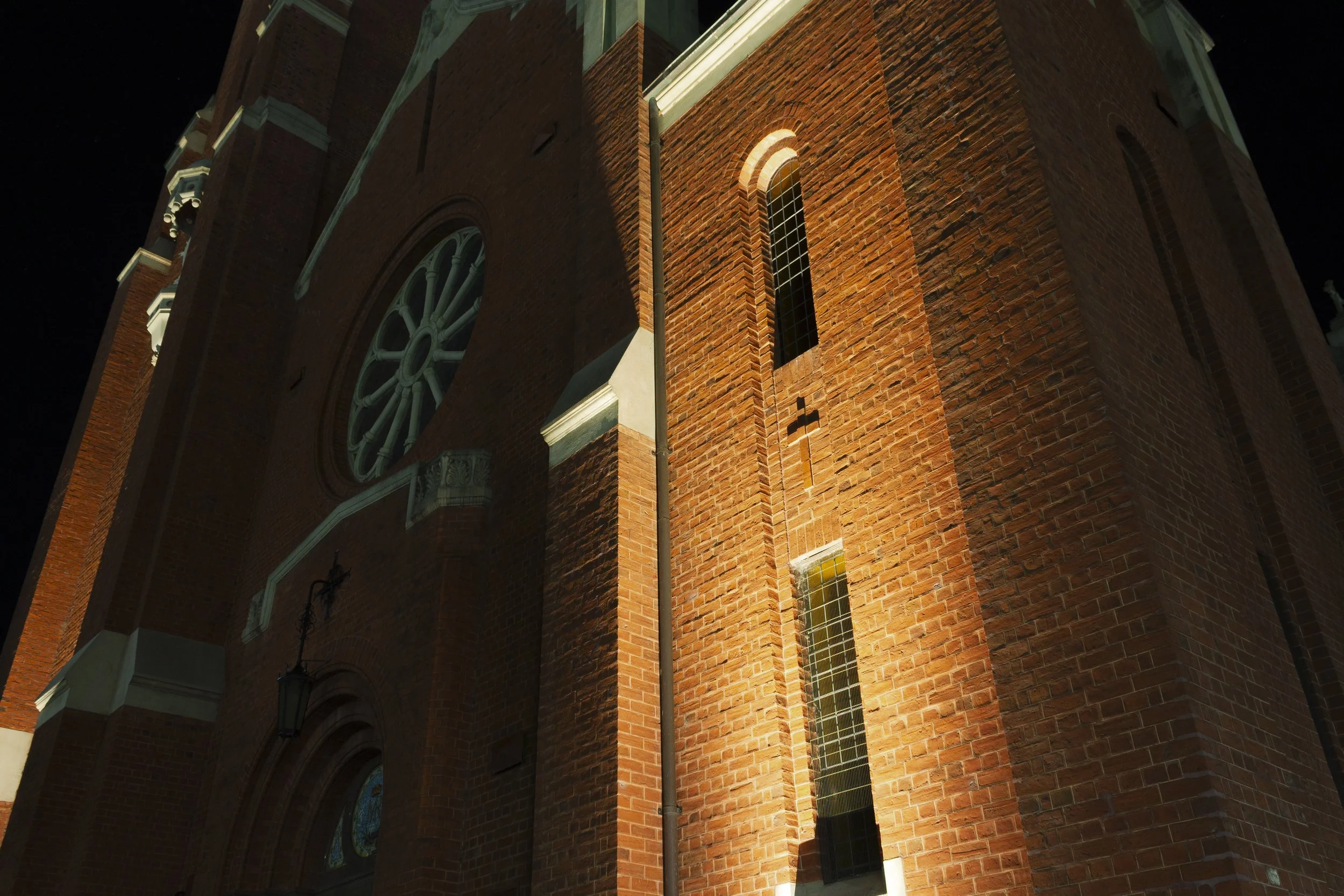 Light and shadow across the brickwork of St Mary’s Catholic Church, Bairnsdale.